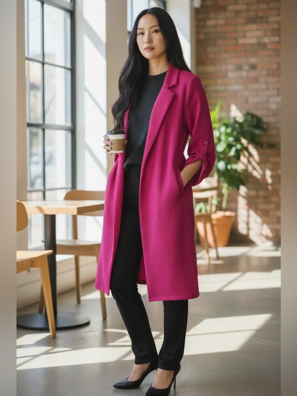 Lush Fuchsia Long Open Front Lightweight Coat